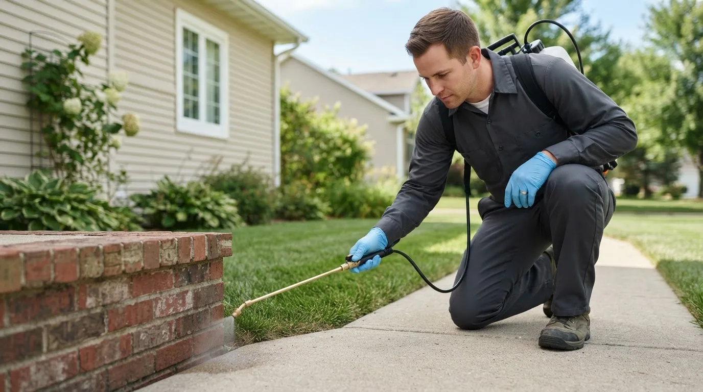 Pest control technician treating a home near Windsor Heights, IA