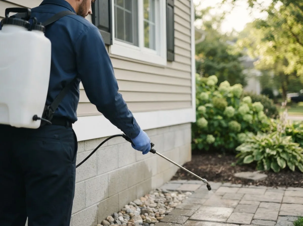 Pest control technician inspecting a home in Windsor Heights, IA